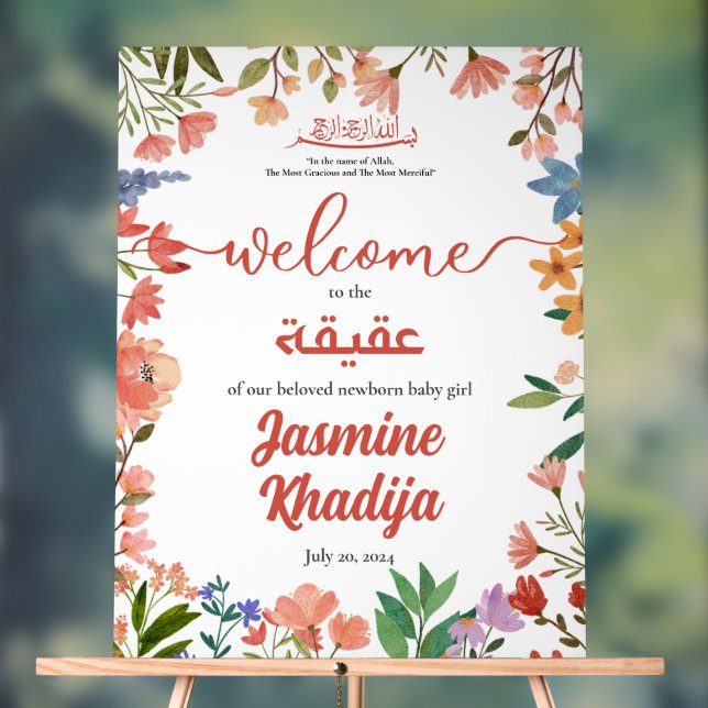 Pink Baby Girl Wildflower Aqiqah Aqeeqa Welcome Acrylic Sign (Neutral)
