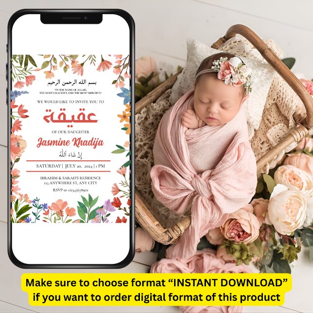 Pink Baby Girl Wildflower Muslim Aqiqah Aqeeqa Invitation (Creator Uploaded)