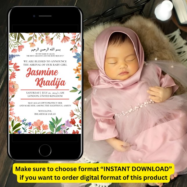 Pink Baby Girl Wildflower Muslim Birth Announcemen Invitation (Creator Uploaded)