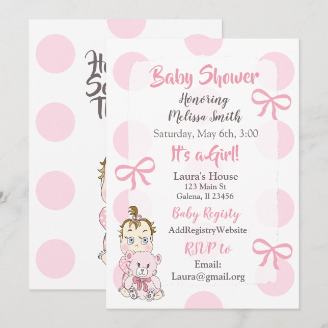 Pink Baby Girl with Teddy Bear Shower Invitation (Front/Back)