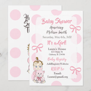 Pink Baby Girl with Teddy Bear Shower Invitation