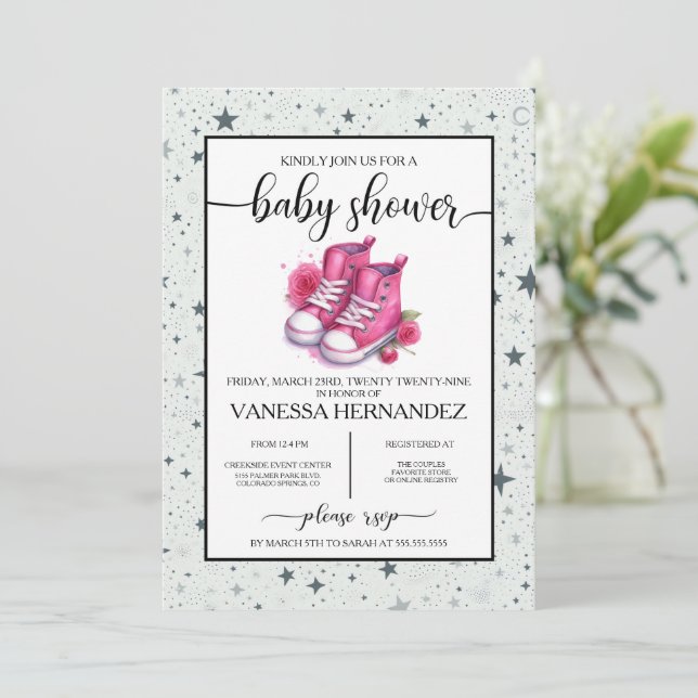 Pink Baby High Tops Baby Shower Invitation (Standing Front)