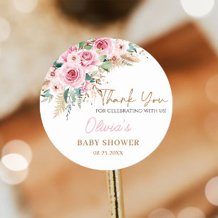 Pink Baby In Bloom Boho Floral Baby Shower Classic Round Sticker