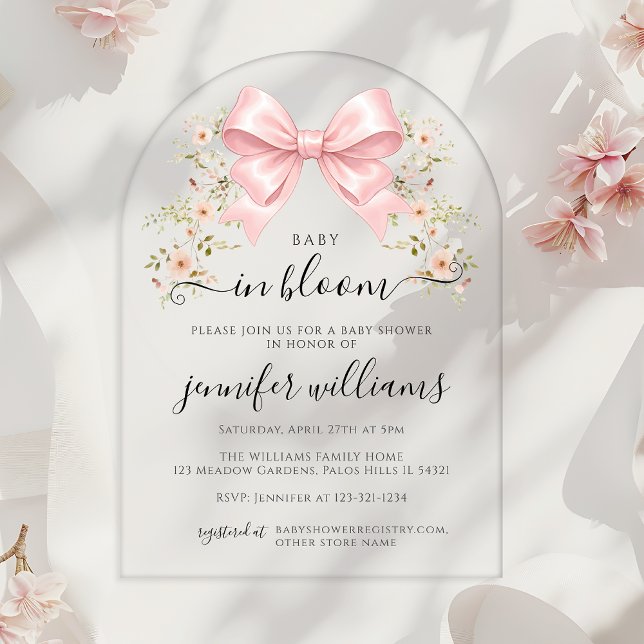 Pink Baby in Bloom Floral Bow Baby Girl Shower Acrylic Invitations (Creator Uploaded)