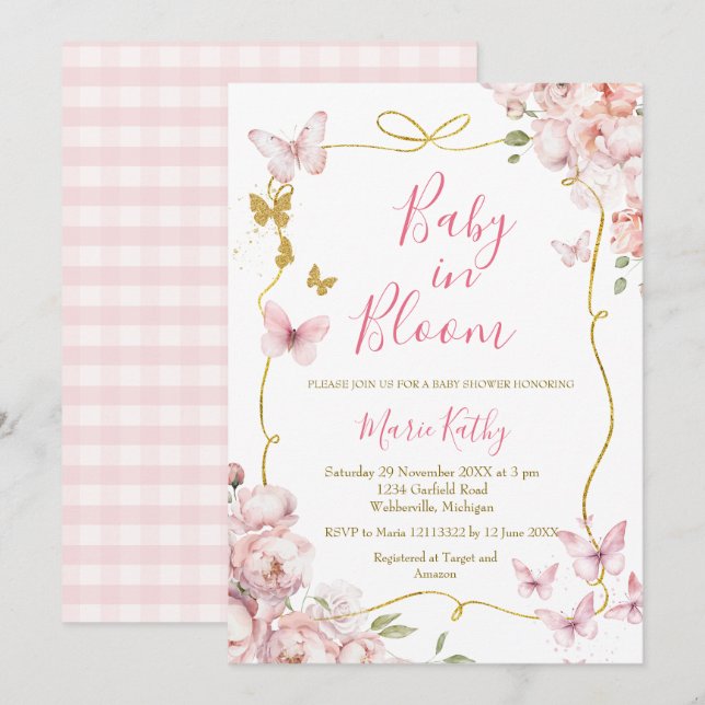 Pink Baby in Bloom Floral Invitation (Front/Back)