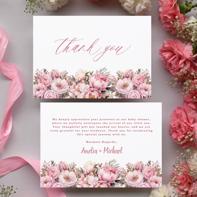 Pink Baby in Bloom | Floral Peony Baby Shower  Thank You Card (Creator Uploaded)