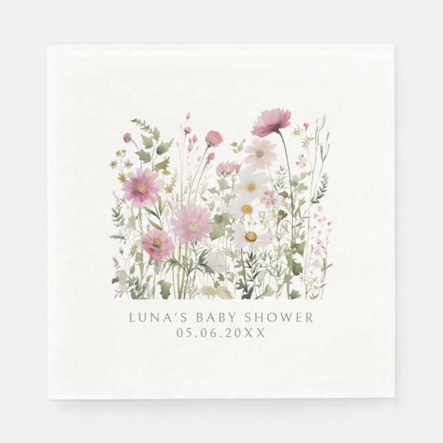 Pink  Baby In Bloom Floral Wildflower Baby Shower Napkin (Front)
