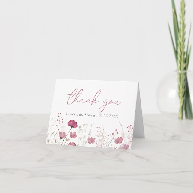Pink Baby In Bloom Floral Wildflower Baby Shower Thank You Card (Front)