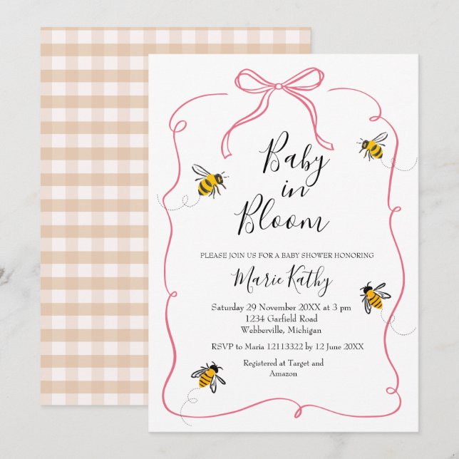 Pink Baby in Bloom Rustic Bee Daisy Invitation (Front/Back)