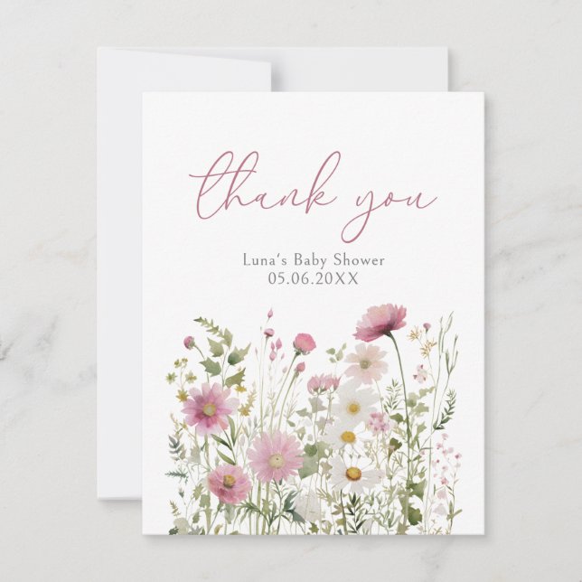 Pink Baby In Bloom Wildflower Baby Shower Flat Thank You Card (Front)