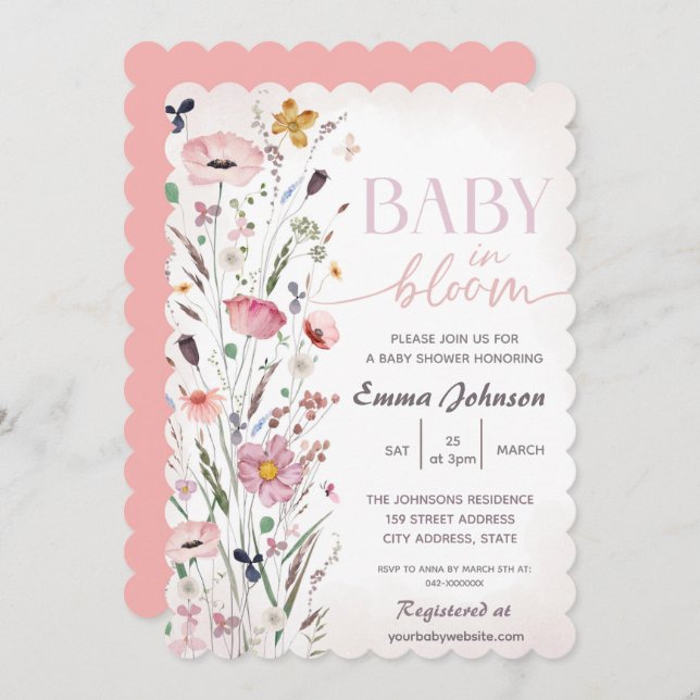 Pink Baby in Bloom Wildflower Baby Shower Invitation (Front/Back)