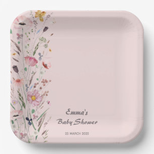 Pink Baby in Bloom Wildflower Baby Shower Paper Plate