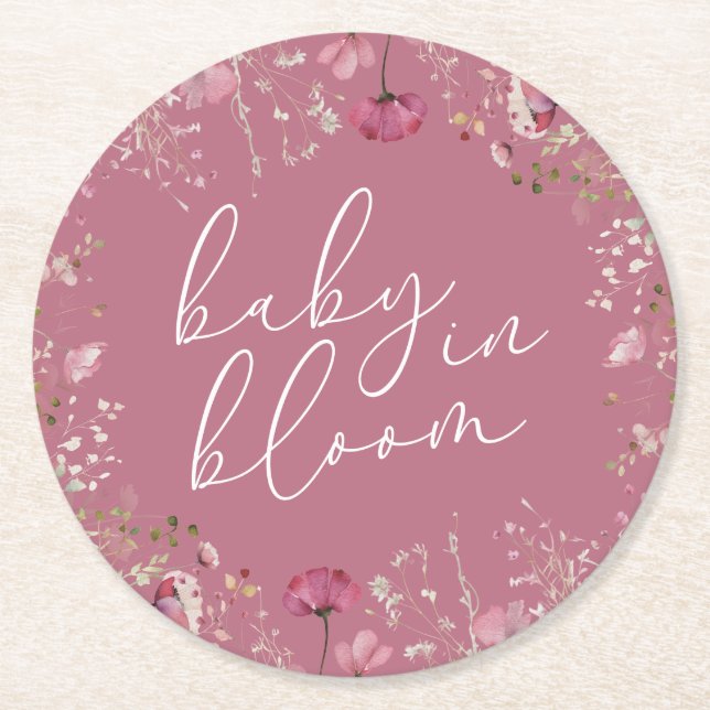 Pink Baby In Bloom Wildflower Baby Shower Round Paper Coaster (Front)
