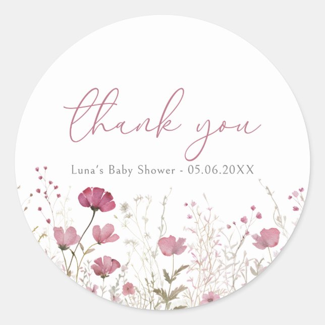 Pink Baby In Bloom Wildflower Shower Favour Sticke Classic Round Sticker (Front)