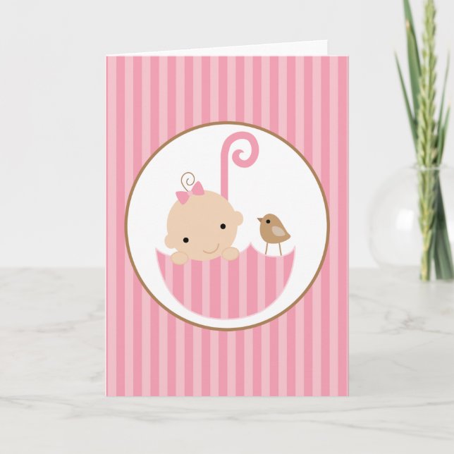 Pink Baby in Umbrella Baby Shower Card (Front)