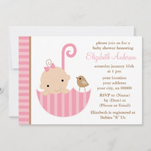 Pink Baby in Umbrella Baby Shower Invitation