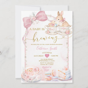 Pink Baby Is Brewing Bunny Tea Party Baby Shower Invitation