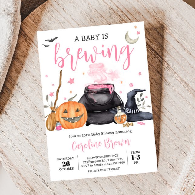 Pink Baby is Brewing Cute Halloween Baby Shower Invitation (Baby is Brewing Baby Shower Invitation
)