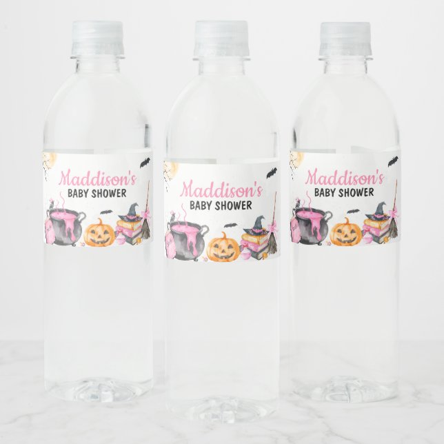Pink Baby is Brewing Pumpkin Halloween Baby Shower Water Bottle Label (Bottles)