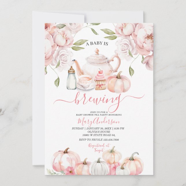 Pink Baby is Brewing Tea Pumpkin Fall Baby Shower  Invitation (Front)