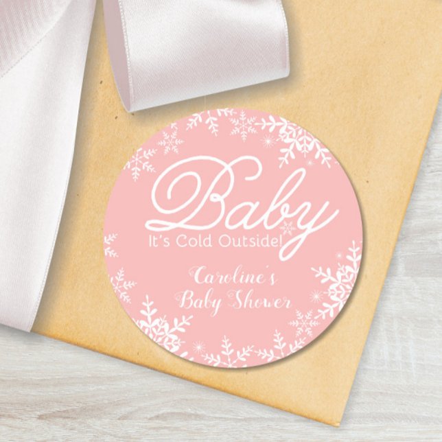 Pink Baby It's Cold Outside Baby Shower Snowflakes Classic Round Sticker (Baby It's Cold Outside Snowflakes Pink Baby Shower Sticker)