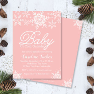 Pink Baby It's Cold Outside Baby Shower Snowflakes Invitation