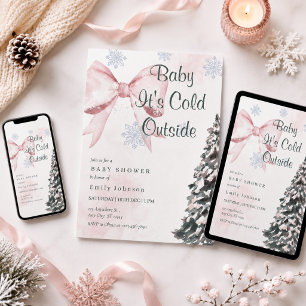 Pink Baby It's Cold Outside Bow Girl Baby Shower Invitation