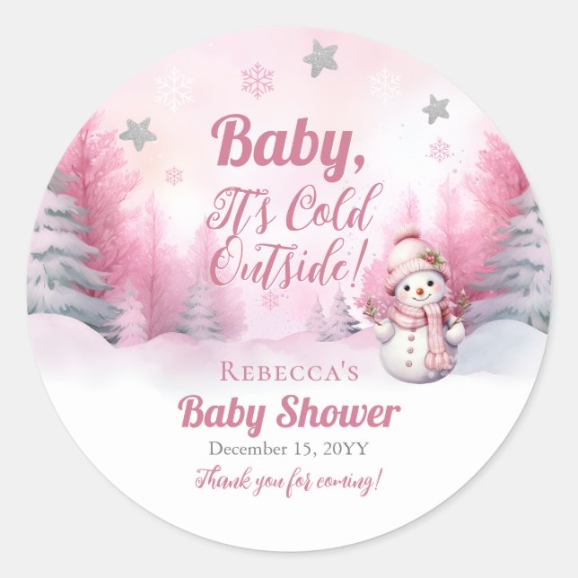 Pink Baby It's Cold Outside Snow Girl Baby Shower Classic Round Sticker (Front)