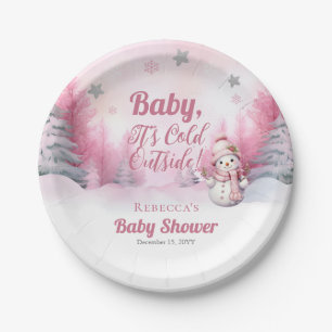 Pink Baby It's Cold Outside Snow Girl Baby Shower Paper Plate