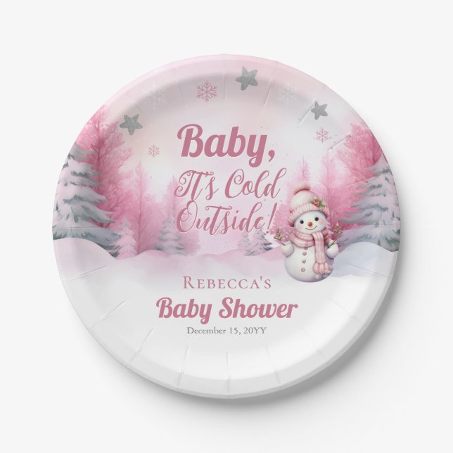 Pink Baby It's Cold Outside Snow Girl Baby Shower Paper Plate (Front)