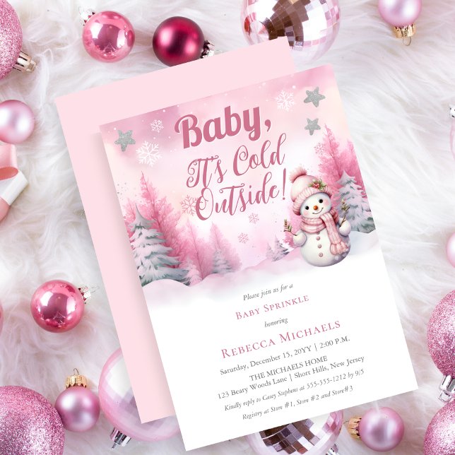 Pink Baby Its Cold Outside Snow Girl Baby Sprinkle Invitation (Pink Girl "Baby, It's Cold Outside!" Snowflakes and Snowman | Woman Baby Sprinkle Invitation)