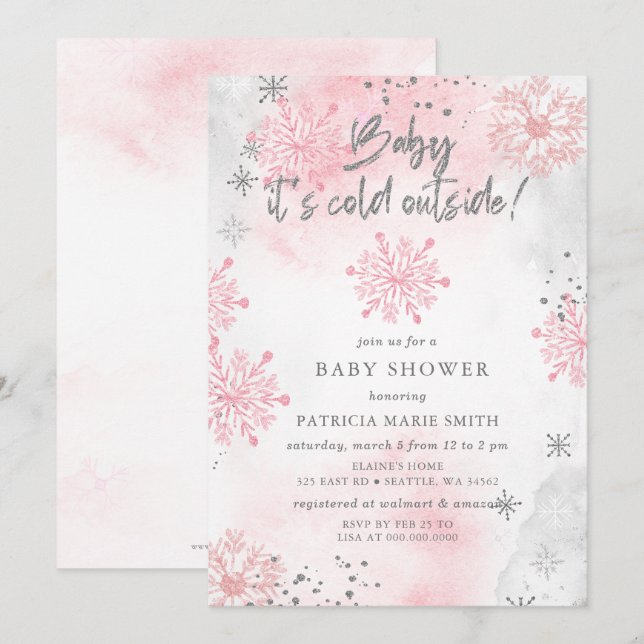 Pink Baby its Cold Outside Winter Baby Shower Invitation (Front/Back)