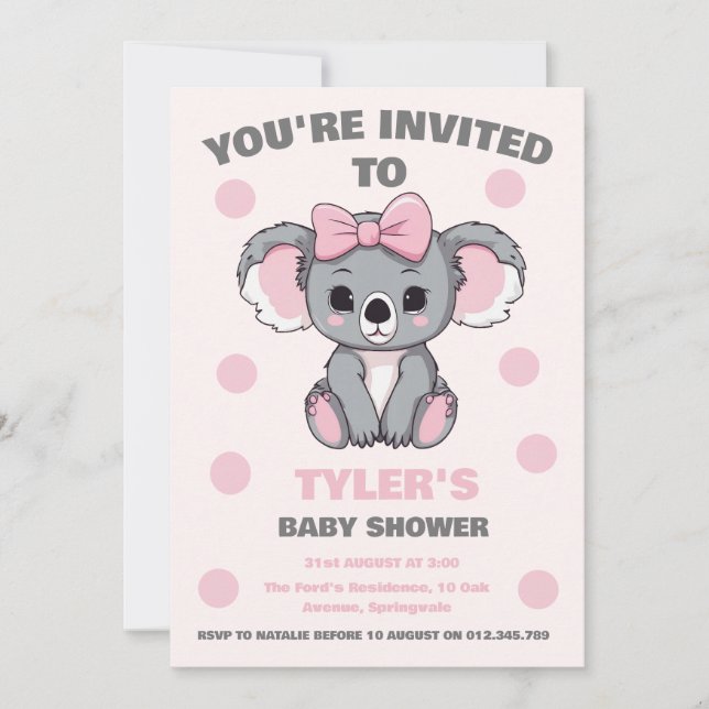 Pink Baby Koala Bear Invitation (Front)