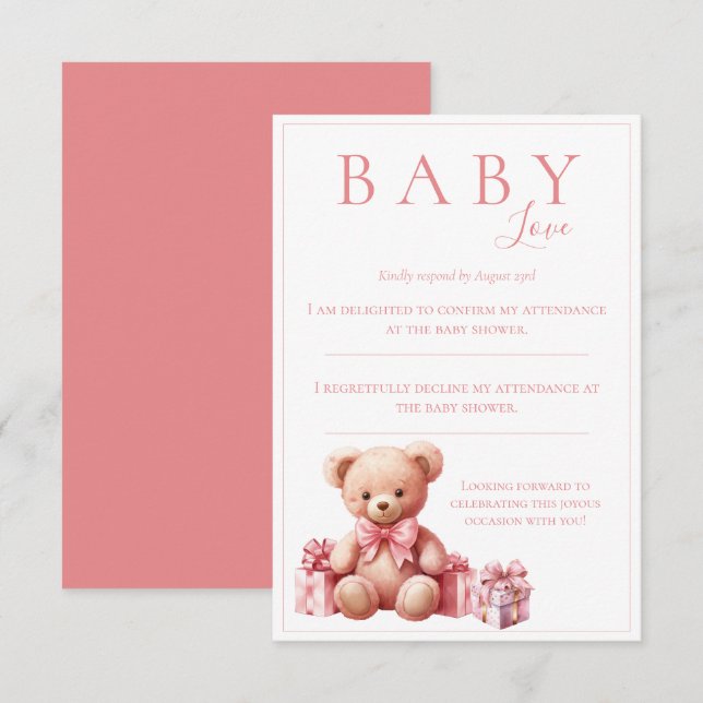 Pink Baby Love Watercolor Bear Baby Shower RSVP Card (Front/Back)