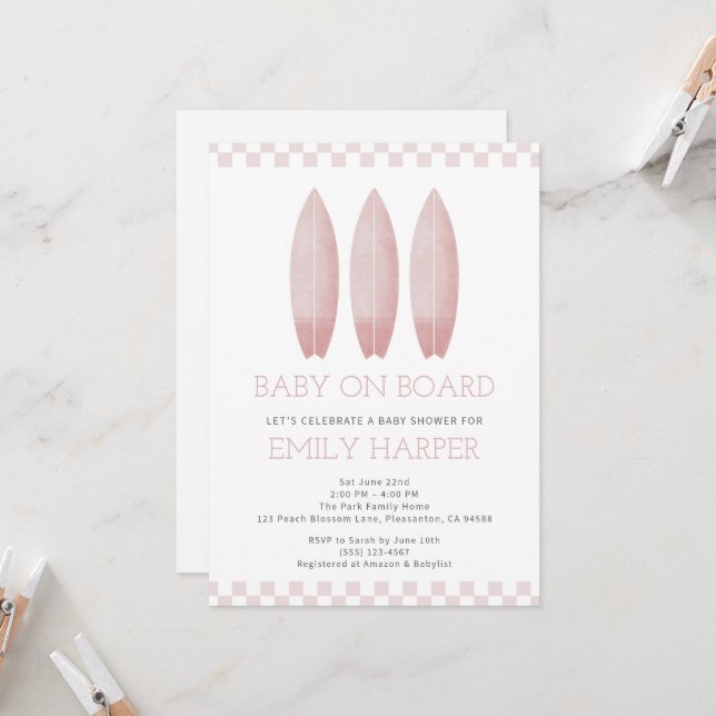 Pink Baby on Board Baby Shower Invitation (Front/Back In Situ)