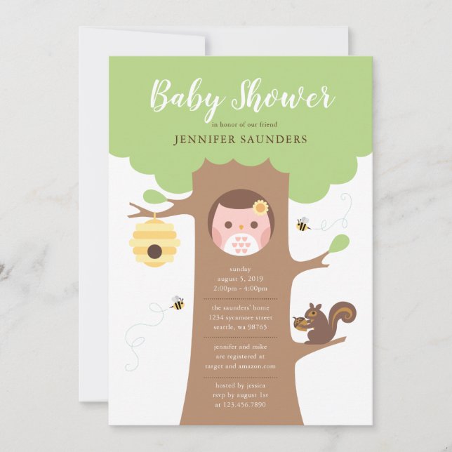 Pink Baby Owl in Tree Shower Invitation (Front)