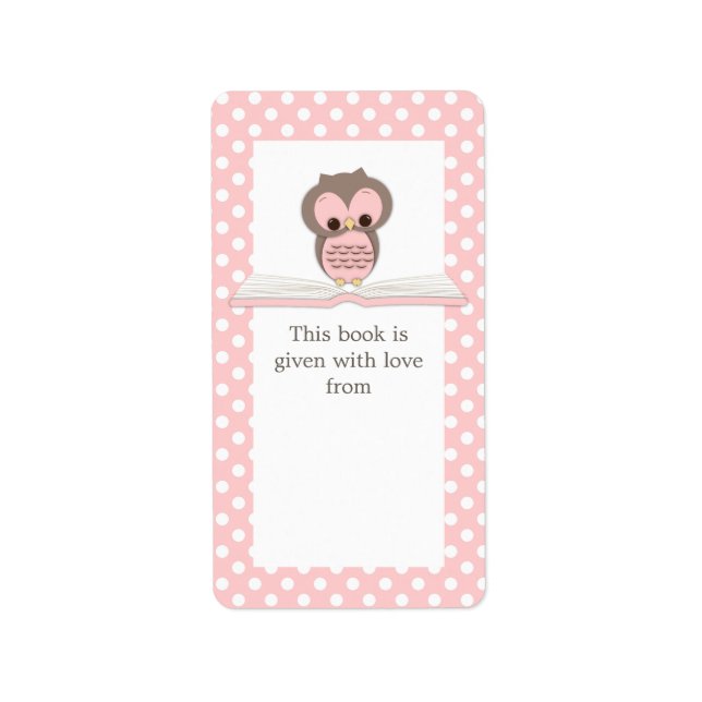 Pink Baby Owl on Book Gift Bookplate Label (Front)