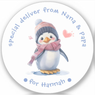 Pink Baby Penguin Christmas for Kids Gift Label