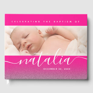 Pink Baby Photo Baptism Christening Cross Glitter Guest Book