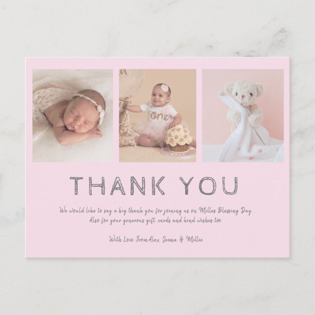 Pink baby photo birth announcement card, thank you postcard (Front)