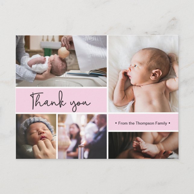 Pink Baby Pink Baptism Thank you Photo collage Postcard (Front)