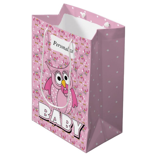 Pink Baby Polka Dotted Owl Medium Gift Bag (Front Angled)