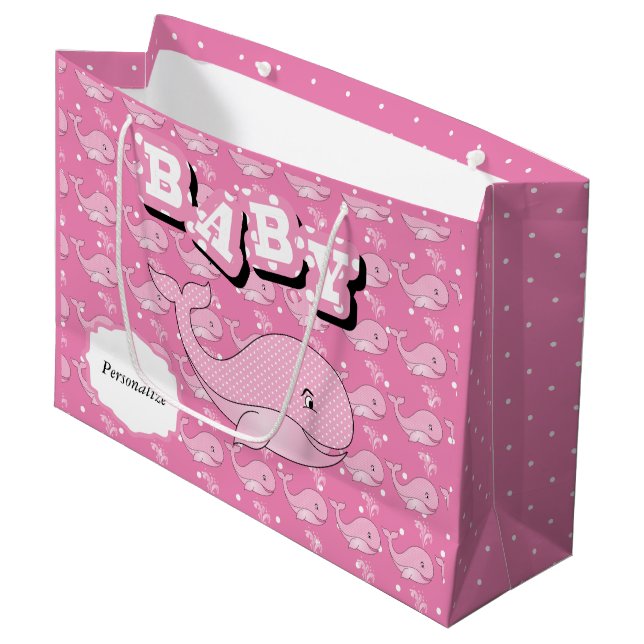 Pink Baby Polka Dotted Whale Large Gift Bag (Front Angled)