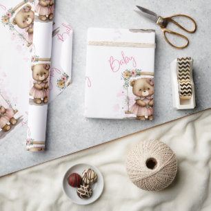 Pink Baby Script Teddy Bear Baby Shower Wrapping Paper