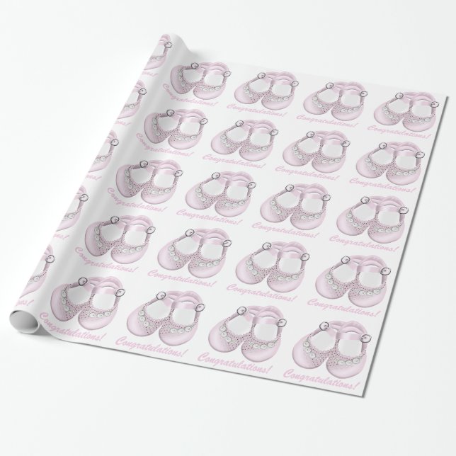 Pink Baby Shoes Baby Shower Wrapping Paper (Unrolled)