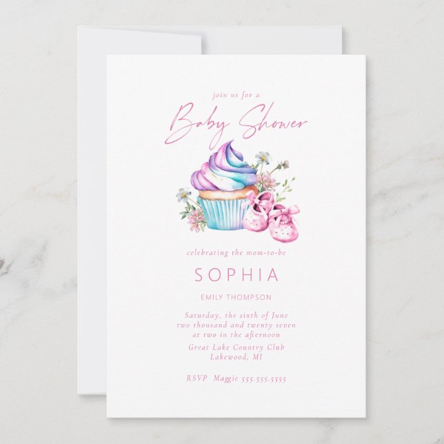 Pink baby shoes, cupcake and flowers Baby Shower Invitation (Front)