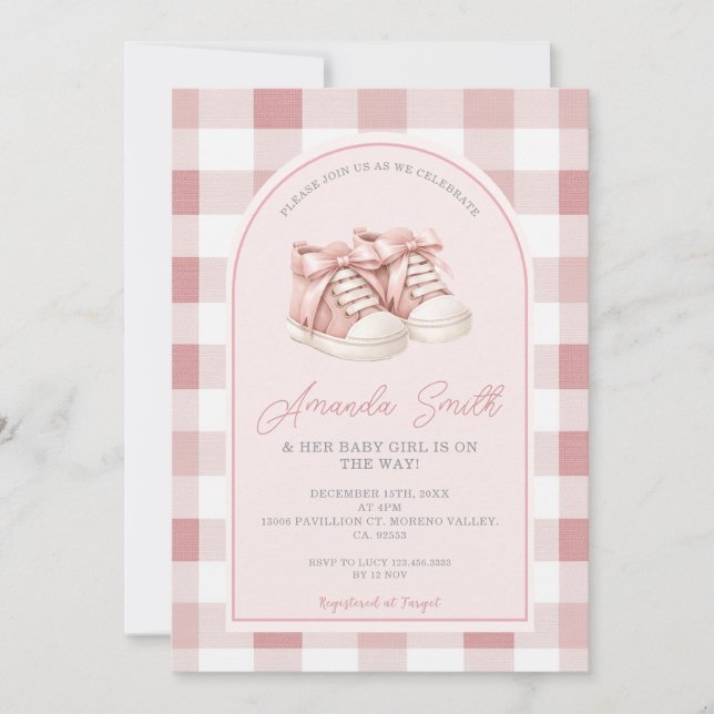 Pink Baby Shoes Gingham Girl Baby Shower Invitation (Front)