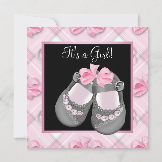 Pink Baby Shoes Pink Black Baby Girl Shower Invitation (Front)