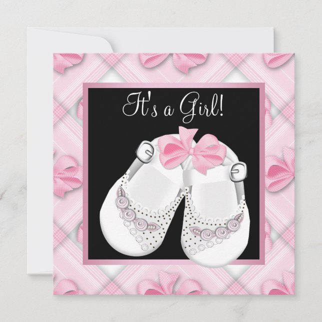 Pink Baby Shoes Pink Black Baby Girl Shower Invitation (Front)