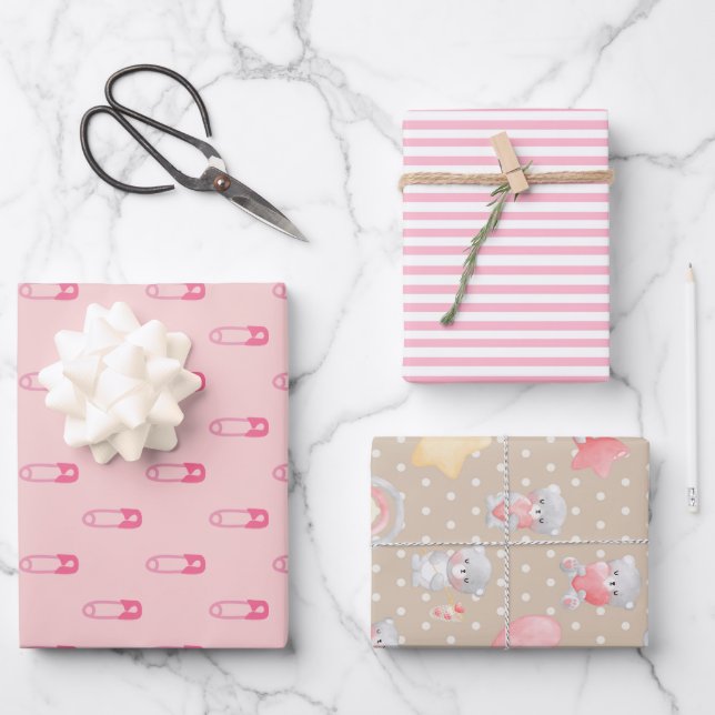 Pink Baby Shower Assortment Wrapping Paper Sheet (Front)
